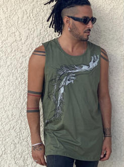 man tank top with a jally fish print in olive green